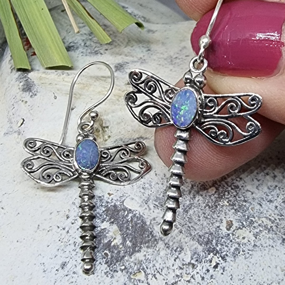 Silver opal dragonfly earrings image 3